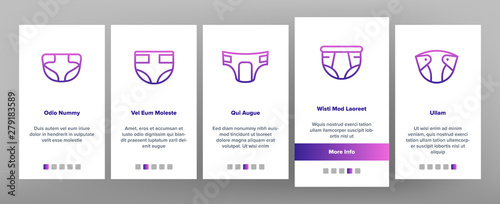 Color Baby Absorbent Diapers Vector Onboarding Mobile App Page Screen. Newborn Diaper, Disposable Nappies Outline Symbols Pack. Childcare, Infant Necessities. Children Hygiene Product Illustrations