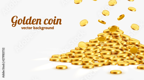 Gold shiny coins with star signs in heap. Big bunch of old metal money. Precious expensive treasure.