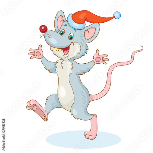 Funny gray rat - symbol of the new year is running. In cartoon style. Isolated on white background