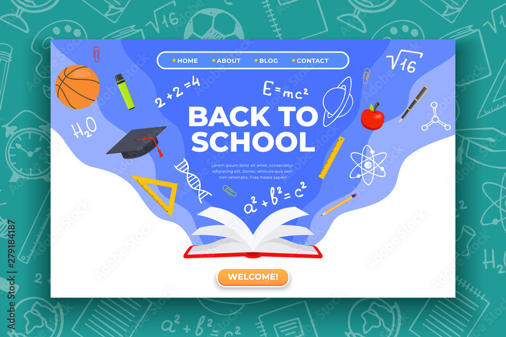Obraz premium Back to school banner. Book, basketball ball, pen and school supplies on colorful background. Back to school education concept