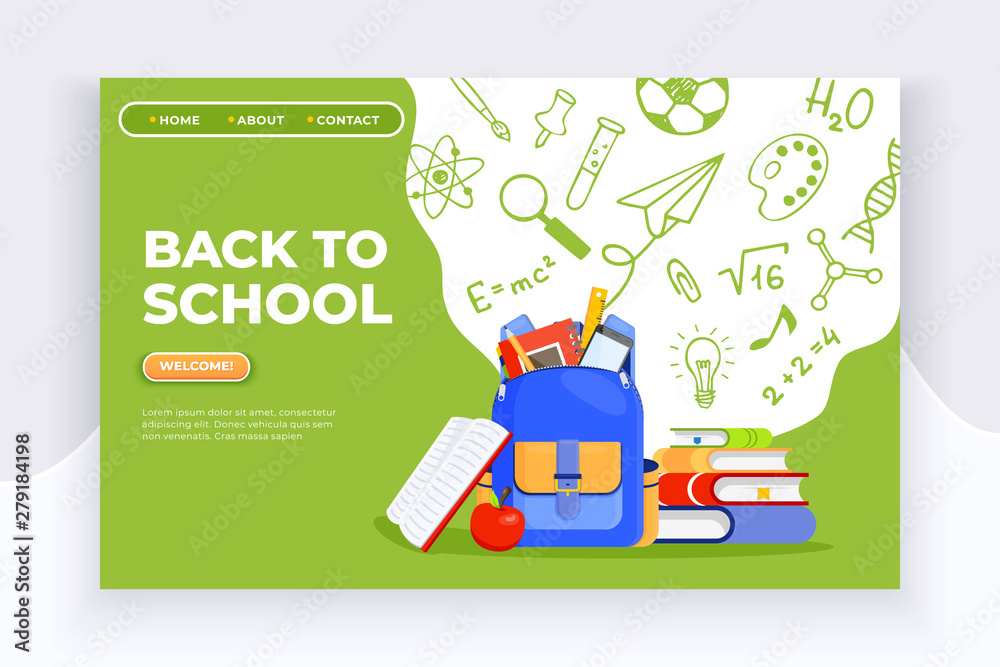 Back to school banner. Backpack, apple, books and school supplies on colorful background. Back to school education concept