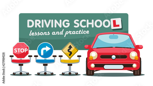 In the driving class next to the car there are chairs on wheels in the form of road signs and waiting for students to study.