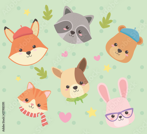 cute and little animals with leafs and hearts characters