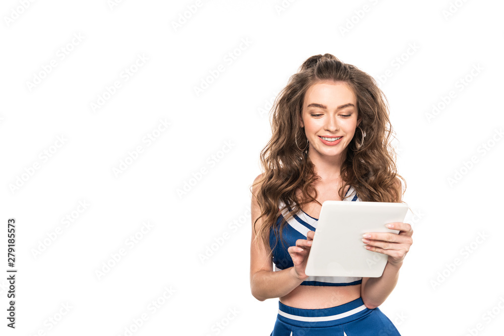 happy cheerleader girl in blue uniform holding digital tablet isolated on white happy cheerleader girl in blue uniform holding digital tablet isolated on white