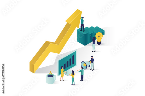 isometric vector illustration a group of people characters are preparing a business project start up. rise of the career to success, business isometric, business analysis