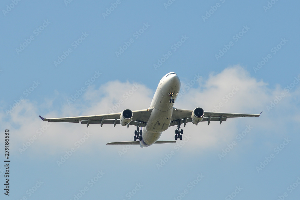 Passenger airplane landing at the airport