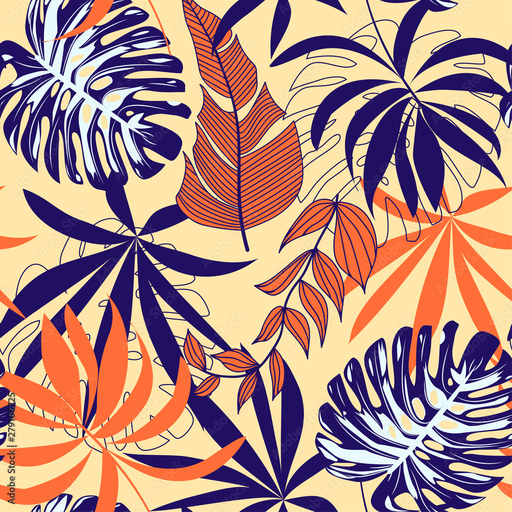 Plakat Abstract seamless pattern with colorful tropical leaves and plants on a light background. Vector design. Jungle print. Flowers background. Printing and textiles. Exotic tropics. Fresh design.