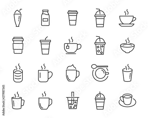 set of coffee line icons, such as tea, matcha, lemon, cocoa, milk, cream, pot, drinks