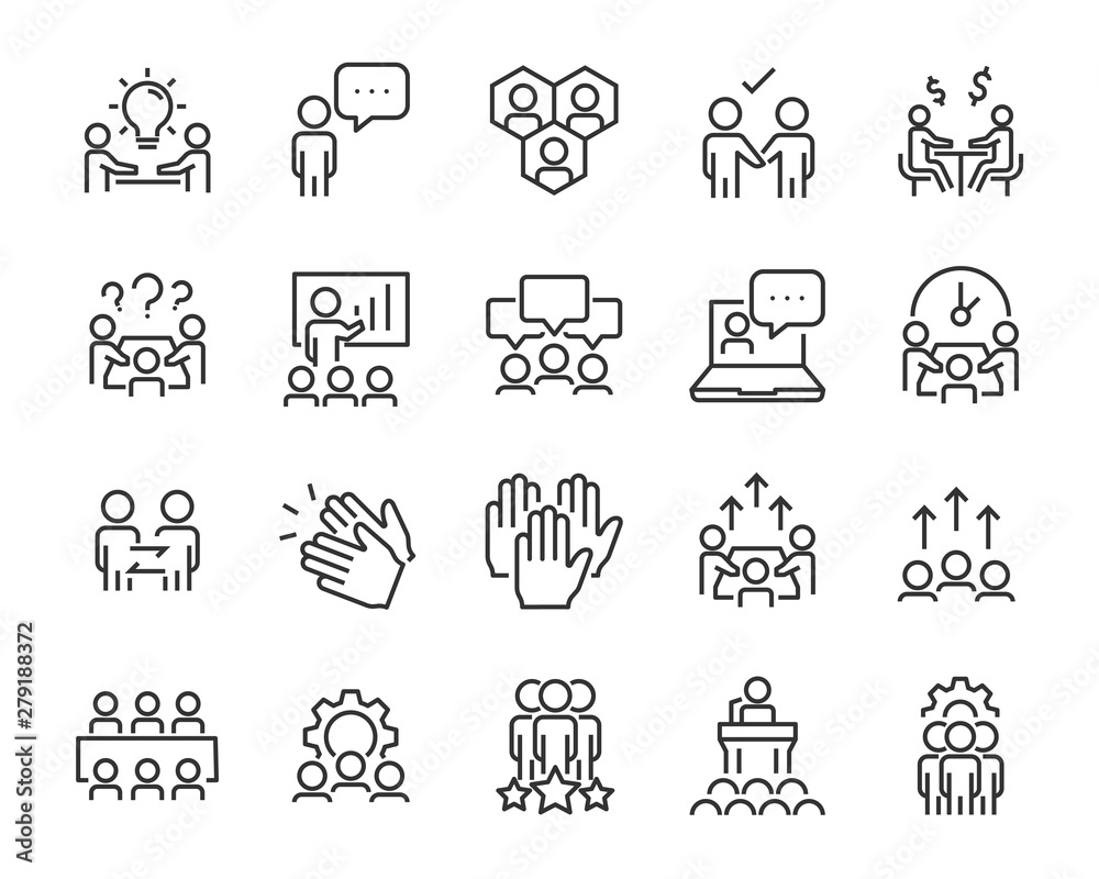 set of people line icons, such as team, meeting, video conference, group, management, leader set of people line icons, such as team, meeting, video conference, group, management, leader