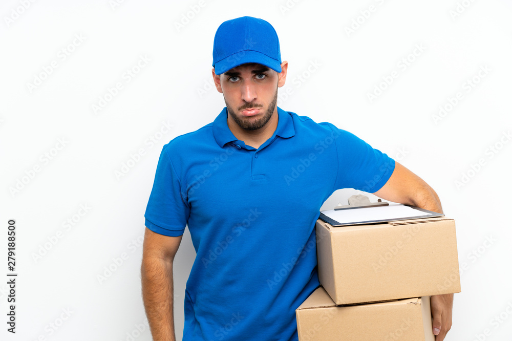 Delivery man over isolated white background pleading Delivery man over isolated white background pleading