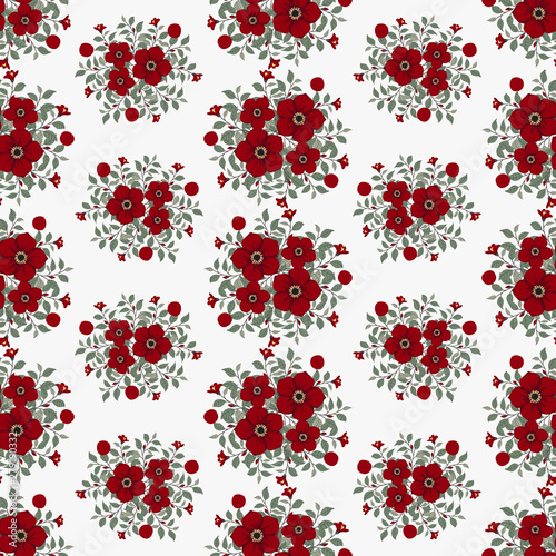 Fototapeta Naklejka Na Ścianę i Meble -  Floral vector artwork for apparel and fashion fabrics, Red flowers wreath ivy style with branch and leaves. Seamless patterns background.