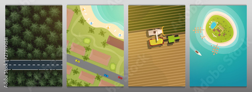Set of banners. Aerial Top view of the forest and road, city, tropical island, field and harvesting.