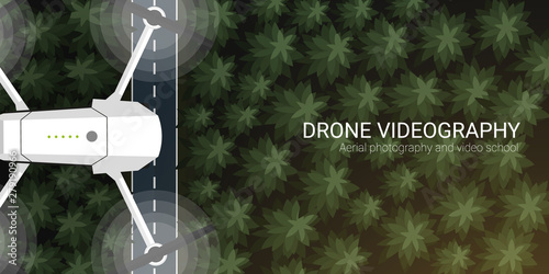 Drone flying over forest. Aerial Drone taking photography and video.