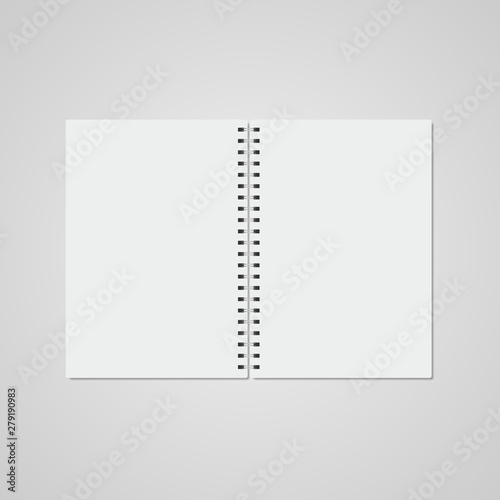 Realistic vector open notebook on gray background. Foreground. Vector illustration.