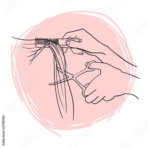 Hands cutting hair, hands of a hairdresser, hands and scissors, linear drawing in vector