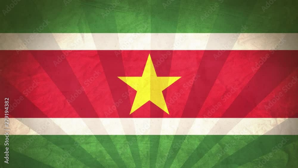 Flag Of Suriname . Paper Texture, With Seamlessly Spinning Printed Like Sunrays. High-Quality, Detailed Animation. 4K, 60fps