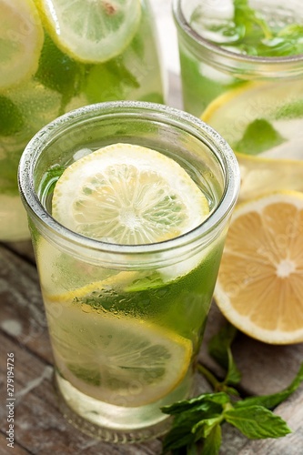 Fresh lemonade with mint and ice cubes