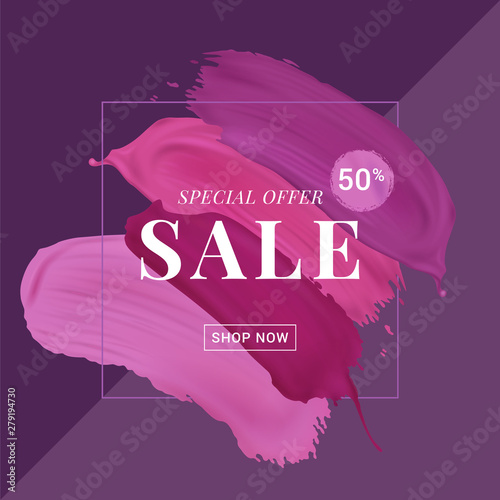 Vector sale banner with text on lipstick stokes background. Good for salons, beauty shops.