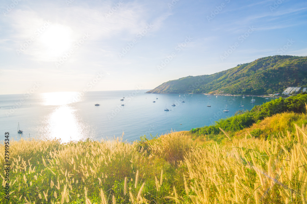 Sea bech bay sun light evening with yacht Sea bech bay sun light evening with yacht