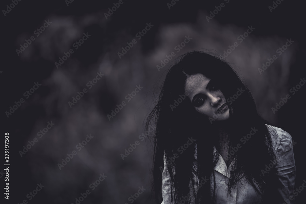 Portrait of asian woman make up ghost face at the swamp,Horror scene,Scary background,Halloween poster,Thailand people Portrait of asian woman make up ghost face at the swamp,Horror scene,Scary background,Halloween poster,Thailand people