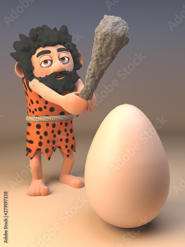 Hungry caveman with animal pelt and long beard swings his prehistoric club at a giant dinosaur egg, 3d illustration photo