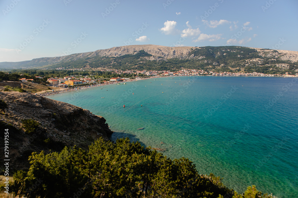 Baska island, touristic destination in Croatia. Panoramic scene of Baska Beach. Amazing summer seascape of Adriatic sea, Baska town location, Krk island, Kvarner bay archipelago