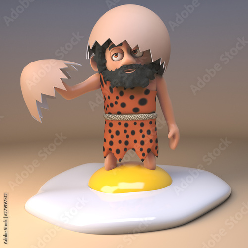 Accident prone caveman in animal pelt and long beard makes a mess of frying an egg, 3d illustration photo