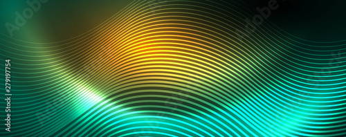 Shiny neon lines template - northern lights glowing blur lines. Futuristic style glow neon 80s disco club or night party techno template