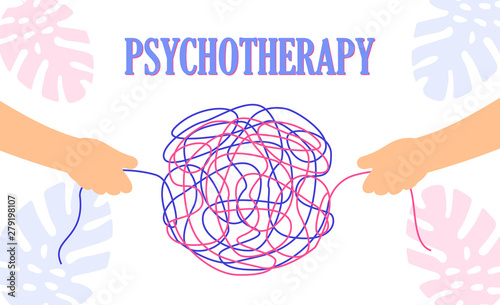 Psychotherapy concept with two hands unraveling a messy line knot.