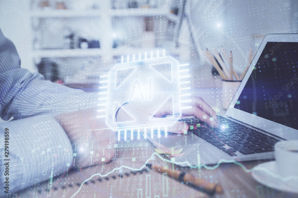 Businessman working on Laptop with technology theme drawing. Concept of big data. Double exposure. Businessman working on Laptop with technology theme drawing. Concept of big data. Double exposure.