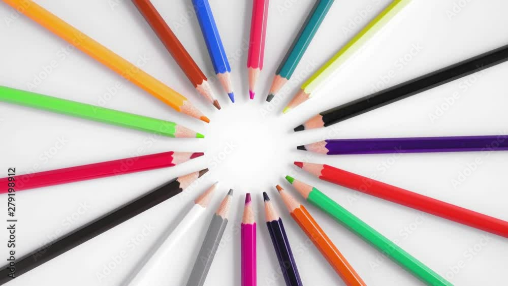 Close-up, Top View, Colored Pencils Lying in a Circle Rotate on White Background Close-up, Top View, Colored Pencils Lying in a Circle Rotate on White Background