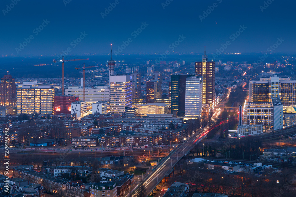 aerial view on the city centre of The Hague at dusk aerial view on the city centre of The Hague at dusk