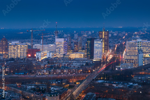 aerial view on the city centre of The Hague at dusk