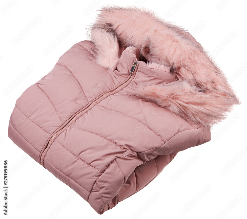 Folded pink woman full zipper down jacket, rain proof winter jacket with  fur isolated on a white background. Fashionable hooded female jacket Stock  Photo | Adobe Stock