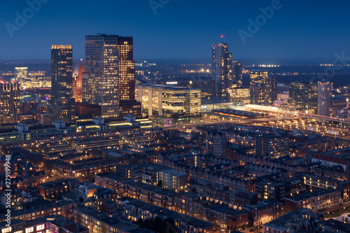 aerial view on the city centre of The Hague at dusk