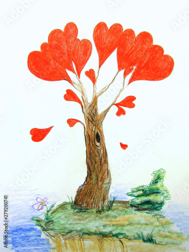 Fantastic love tree with bright red hearts instead of leaves drawn with pencils.