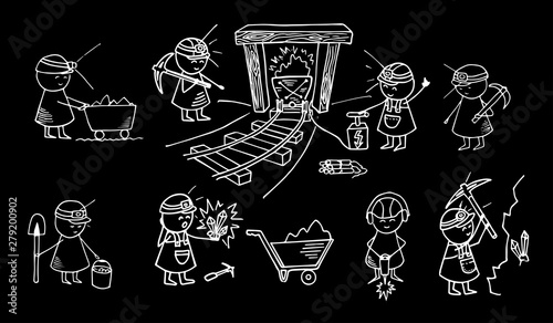 Cute hand drawn miner characters. Funny doodle miners set.  Vector background on blackboard.