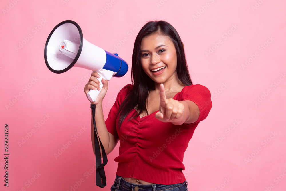 Beautiful young Asian woman announce with megaphone. Beautiful young Asian woman announce with megaphone.