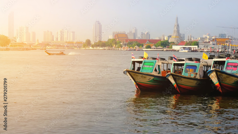 Colorful Passenger Boats at Chao Phraya River, bangkok thailand.
