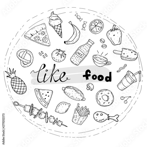 doodle food set with inscription and decorative elements. vector illustration.