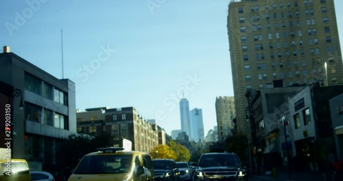 Classic Yellow Taxi Cabs And New York Traffic Travelling Shot In Beautiful NYC Commuting On Iconic Famous New York Road