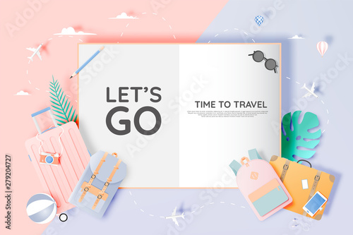 Travel various items in paper art style