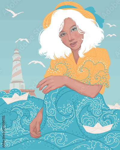beautiful girl in a yellow hat sits on the beach, her skirt is the sea  