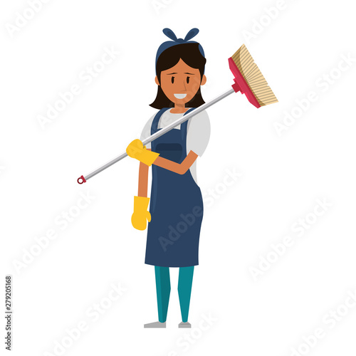 Cleaner worker with cleaning products and equipment