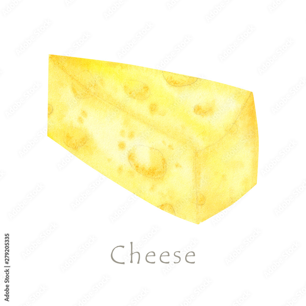 Watercolor drawing piece of triangular yellow cheese. Mouse favorite food. Illustration on white background