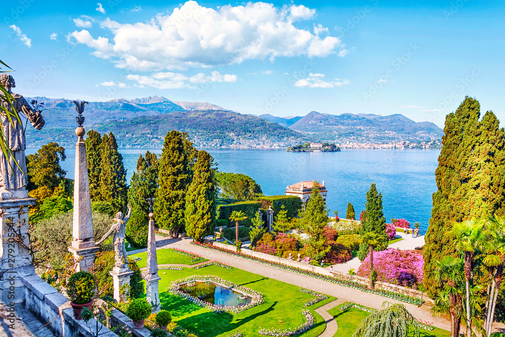 Fototapeta Beautiful Isola Bella island with flower garden on Lake Lago Maggiore in the background of the Alps mountains, Stresa, Italy
