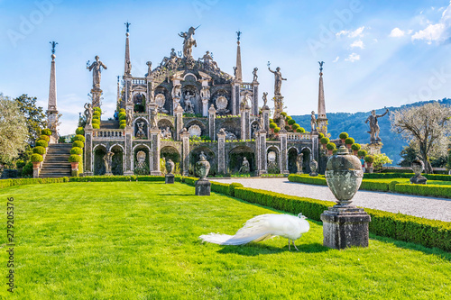Beautiful Isola Bella island with flower garden, white peacocks and baroque statues, Lake Maggiore, Stresa, Italy.