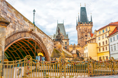 View of the Malostransky tower of Charles Bridge in Prague, Czech Republic photo