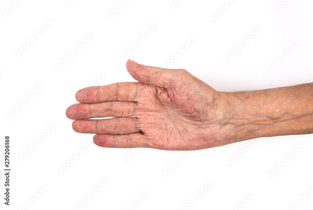 old man's sick hands on white background