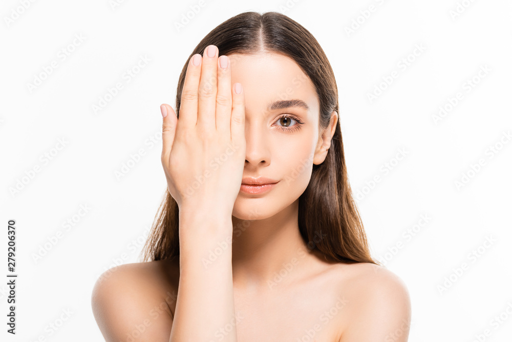 beautiful young naked woman with perfect skin and hand covering face isolated on white beautiful young naked woman with perfect skin and hand covering face isolated on white